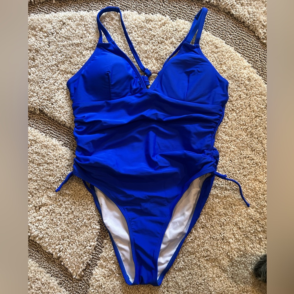 SHEIN Blue One Piece Swimsuit V-Neck Ruched